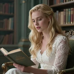 cinestill 5 0 d landscape view portrait of a dreamy beautiful woman britt marling 3 / 4 by roversi taking a book sitting in a dystopian fantasy library environment, long blond hair, wearing white lace, 8 k, elegant, highly detailed, pale pink and green matt lighting, soft blur, artstation, sharp focus, head in focus,