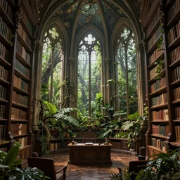 decaying interior of an ( ( old library ) ) with a rainforest growing inside, highly detailed, mystical cathedral windows, intricate detail, beautiful 3 d rendering, octane render, hyperrealistic, trending on artstation, by greg rutkowski and simon stalenhag