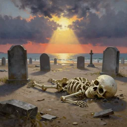 beach, flooded big graveyard gravestones, skeleton corpse, oversized destroyed skull on ground, dramatic sky, ground broken, strong backlight, dramatic sunset, oil painting landscape by frazetta