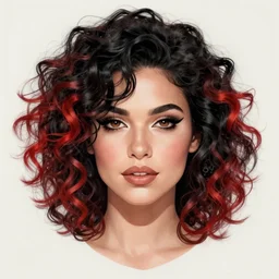 a realistic illustration portrait of a beautiful liz katz with curly black and red hair, black eyeliner, trending on artstation, hyper - realistic lighting, intricate, ross tran