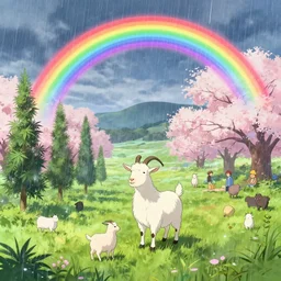 goat surrounded by rainbows with his goat friend, marijuana trees, sakura trees, sakura season dynamic lighting, landscape, artwork by jeremy lipkin and giuseppe dangelico pino and michael garmash and rob rey and greg manchess and huang guangjian and makoto shinkai, pixiv, 1 0 0 mm