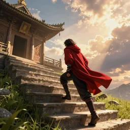 mysterious man in a red cloak climbs the stairs of the temple, cinematic view, epic sky, detailed, concept art, low angle, high detail, warm lighting, volumetric, godrays, vivid, beautiful, trending on artstation, by jordan grimmer, huge scene, grass, art greg rutkowski