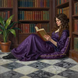 a pastel painting of a woman wizard lounging on a purpur pillow on the marbled checkered floor in front of her bookcase in a library, reading an ancient book. to the side is a potted plant, moody light. ancient retrofuturistic setting. 4 k key art. raytracing, perspective, by casey weldon