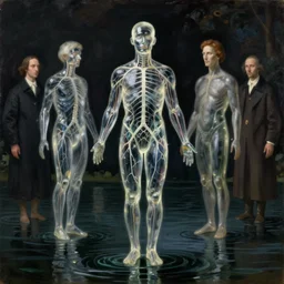 human made of transparent glass with visible nervous system floating over the dark lake. painting by max ernst, agnes pelton, rene magritte, walton ford, caspar david friedrich