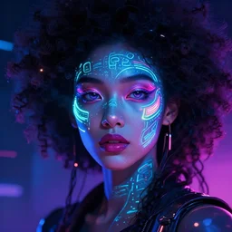 a beautiful portrait illustration of a woman with glowing neon face paint on her face, cyberpunk art by Liam Wong and Ross Tran, featured on pexels, afrofuturism