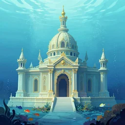 underwater temple, water, ocean, sea, fish, palladian, illustration, concept art, digital art, colorful, light blue