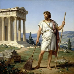 painting of a man in ancient greek dress holding a broom, the temple of apollo at delphi in the midground, valley in the distance, neoclassical, extremely detailed
