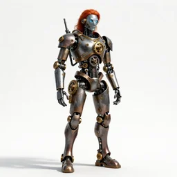 red-haired steampunk robot with gears, cinematic studio photo, full body, standing, isolated on a pure white background, centered, whole figure in frame, sharp focus, studio lighting