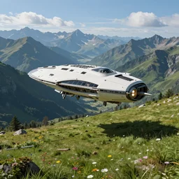 a highly detailed HDR DSLR landscape photo of huge spaceship landing on a lush grass planet with beautiful mountains far away