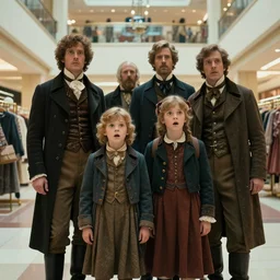 sharp, highly detailed, 16384k film, 14000mm frame from a sci fi blockbuster color movie made in 2019, a family of four time travelers from 1860 travel in time to 2019, appearing in a shopping mall, looking surprised, the family are all wearing 1860s era clothes, cinematic lighting, in focus, cinematic still, extremely high quality scan, in focus