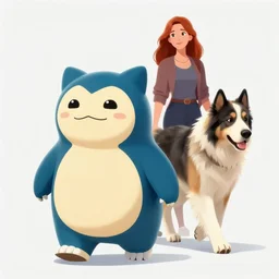 Snorlax and a great Dane walking behind a redheaded woman