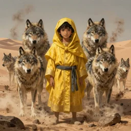A epic and beautiful rococo painting of a wild young arabian boy half wolf covered in yellow cloth surrounded by wolves of ashes, standing before a desert of ashes. ultra-detailed. Anime, pixiv, UHD 8K CryEngine, octane render