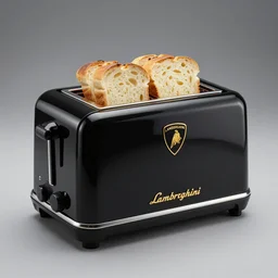 a lamborghini brand toaster, sliced bread in slots, aggressive futuristic design, bold lamborghini style, heated coils, professional product shot