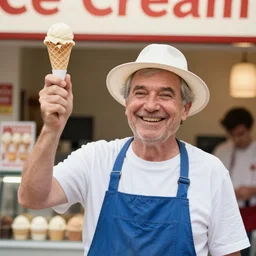 ice cream man holding an ice cream scoop up, wearing a white hat, smiling cheerfully, chesley bonestell, vincent di fate