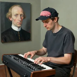 man with cap wearing brain - interface plays a modular synthesizer. painted by francis bacon, hieronymus bosch, eric lacombe.