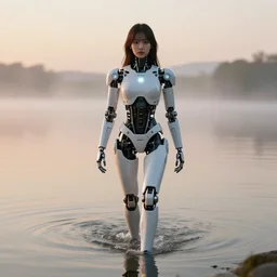 beautiful centered photo portrait of hoyeon jung as a solarpunk robotic humanoid with white mechanical parts with bright halogen lights, walking through calm lake water, ultra - realistic and detailed, foggy background, sunset lighting, soft focus, slow exposure hdr 8 k