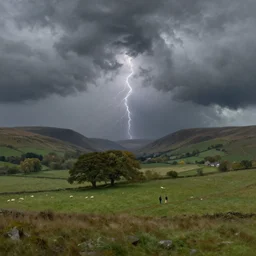 artwork of the cinematic view of a landscape of the county of cumbria by ivan shishkin, thundery weather, thunders in sky, couple of groves, sheep pasture, landscape view