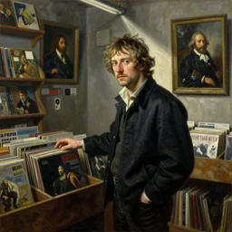 Moodymann at a record store, oil on canvas, by Ilya Repin, Jean-Honore Fragonard, Francisco Goya