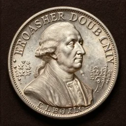 a photorealistic canvas painting of George Washington inspecting a Brasher Doubloon coin. This 4K HD image is Trending on Artstation, featured on Behance, well-rendered, extra crisp, features intricate detail and the style of Unreal Engine.