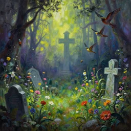 'Life from death' An aesthetic horror painting depicting 'A graveyard with plants and flowers growing, birds and insects flying around' by Wayne Barlowe, Trending on cgsociety artstation, 8k, masterpiece, cinematic lighting, vibrant colors.