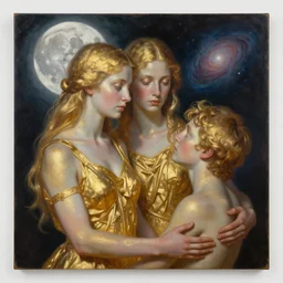 golden women holds the moon and the son, in the background you can see the universe. by Daniel F. Gerhartz, hyperrealistic oil painting, 4k, very detailed faces, studio lightning