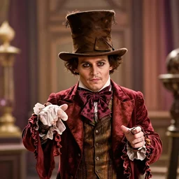cinematic still of deranged johnny depp playing the mad hatter in willy wonka & the chocolate factory film directed by tim burton, movie still, long lens, shallow depth of field, bokeh, anamorphic lens flare