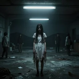 creepy mangled woman wearing white dress standing in the backrooms, playable trailer, psychological horror, the eerie forlorn atmosphere of a place that's usually bustling with people but is now abandoned and quiet, buzzing fluorescent lights above the ceiling, unsettling images, liminal space, dark, silent hills, created by hideo kojima