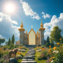 under the blue sky there is a golden city with transparent gates and a bright star, and in the city there is a garden with all the herbs and flowers, animals of unprecedented beauty walk there. lion. wolf. eagle