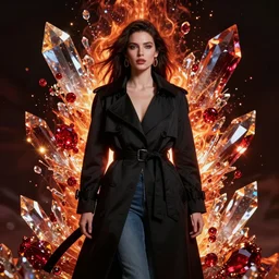 a goddess dressed in a black trench coat, and jeans, dramatic, photoshoot, portrait, glowing, glass and crystals, crystalline, ruby, inferno, explosion, ray tracing ambient occlusion, shaders, post processing, post - production, cel shading, sfx, insanely detailed and intricate, hypermaximalist, elegant, ornate, hyper realistic, super detailed