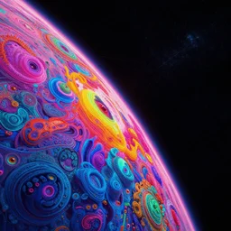 edge of interstellar space, synthwave, bright neon colors, highly detailed, cinematic, tim white, philippe druillet, roger dean, aubrey beardsley, ernst haeckel, lisa frank, vladimir kush, kubrick, isono