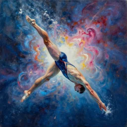 an expressive oil painting of a swimming athlete diving, depicted as an explosion of a nebula