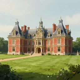 matte painting of a countryside landscape of a noble estate with xix century manor. fantastical, elegant elaborate, red brick, opulent, verdant lawn. sharp focus, smooth detailed digital art trending in artstation