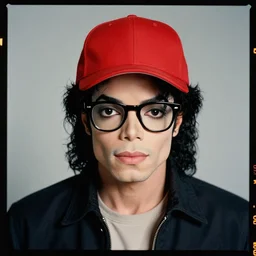 kodak portra 4 0 0, 8 k, highly detailed, britt marling style, color studio - portrait of a young michael jackson with black wayfarer glasses and red baseball hat, black hair, muted colors, up face with 1 9 2 0 s hairstyle and cloth style, symmetrical, hasselblad