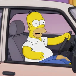 Photo of excited real-life Homer Simpson sitting in the driver seat of a LADA VAZ-1111