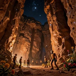 small robot shrines connected to the side of an underground rockwall, underneath a star filled night sky, harold newton, zdzislaw beksinski, donato giancola, warm coloured, gigantic pillars and flowers, maschinen krieger, beeple, star trek, star wars, ilm, atmospheric perspective