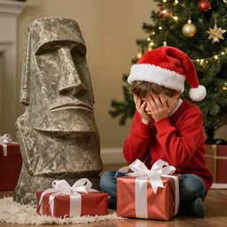 a kid at christmas disappointed that his present was a giant moai statue