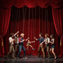 epic scene of a marionette on strings behind red curtains, concept art by Noah Bradley, Darek Zabrocki, Tyler edlin, Jordan Grimmer, Neil Blevins, James Paick, Natasha Tan, manipulation, string puppet, pulling strings, puppet on a string, hand controlling, control, puppet, highly detailed, ultra detailed, ultra realistic, trending on artstation, masterpiece