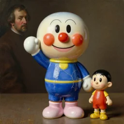 a painting of a cracked ceramic anpanman toy painted and nobita with poor blue and pink pigments, a flemish baroque by dino valls and jc leyendecker, trending on zbrush central, classical realism, flemish baroque, hyper realism, chiaroscuro