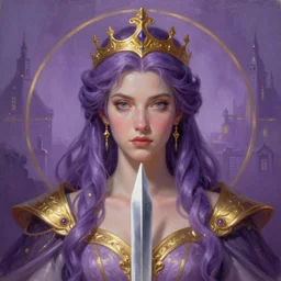 a beautiful realistic painting of queen of swords, goddess of the city, symetric visage, purple hair, golden ratio, intricate, elegant, highly detailed, digital painting, artstation, 8 k,