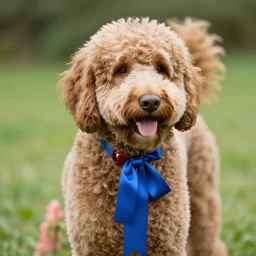 labradoodle wearing a ribbon, trending, high definition, photograph