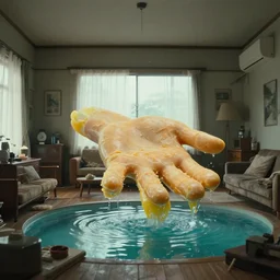 a giant hand made of wax and water floats through the living room, film still from the movie directed by Denis Villeneuve with art direction by Junji Ito, wide lens