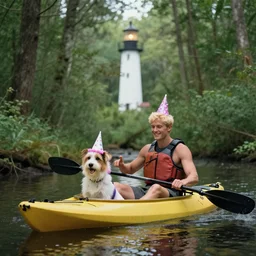 blonde guy, a dog and a unicorn with birthday hats, on a kayak in a forest, with a lighthouse in the background