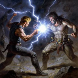 a man with short blonde hair blasting lightning bolts at his enemy in battle. detailed matte painting. masterpiece. 4 k. fantasy art. by craig mullins. franzetta. repin