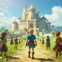 first person perspective establishing shot of Hyrule Castle from legend of zelda breath of the wild, rendered in Unreal Engine:1|photorealistic, cinematic:0.9|Octane, finalRender:0.8|devfiantArt, artstation, artstation HQ, behance, HD, 16k resolution:0.6|people, faces, humans:-1