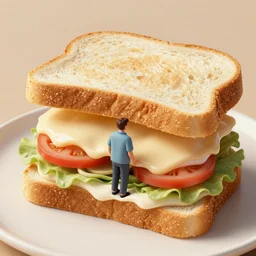 man living inside a bread sandwish seen from outside, hyper detailed,