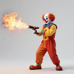 photo of a clown using a flamethrower next to a fire. award-winning, highly-detailed, 8K