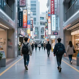people walking down futuristic Japanese street with graffiti and neon signs in the background
