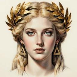 front view of beautiful aphrodite greek goddess wearing a gold laurel wreath and triangle earrings, hyper - realistic tattoo sketch, beautiful piercing eyes with sharp pupils, beautiful blonde hair, in the style of greg rutkowski, fantasy, amazing detail, epic, elegant, smooth, sharp focus