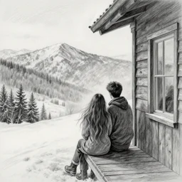 a pencil drawing of a boy and a girl with long flowing hair sitting together on the porch of a cabin on a mountain overlooking a snowy landscape. atmospheric lighting, romantic, boy and girl, cold lighting, snowy. by pen tacular.