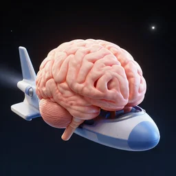 a brain riding a space ship into space, 3 d render